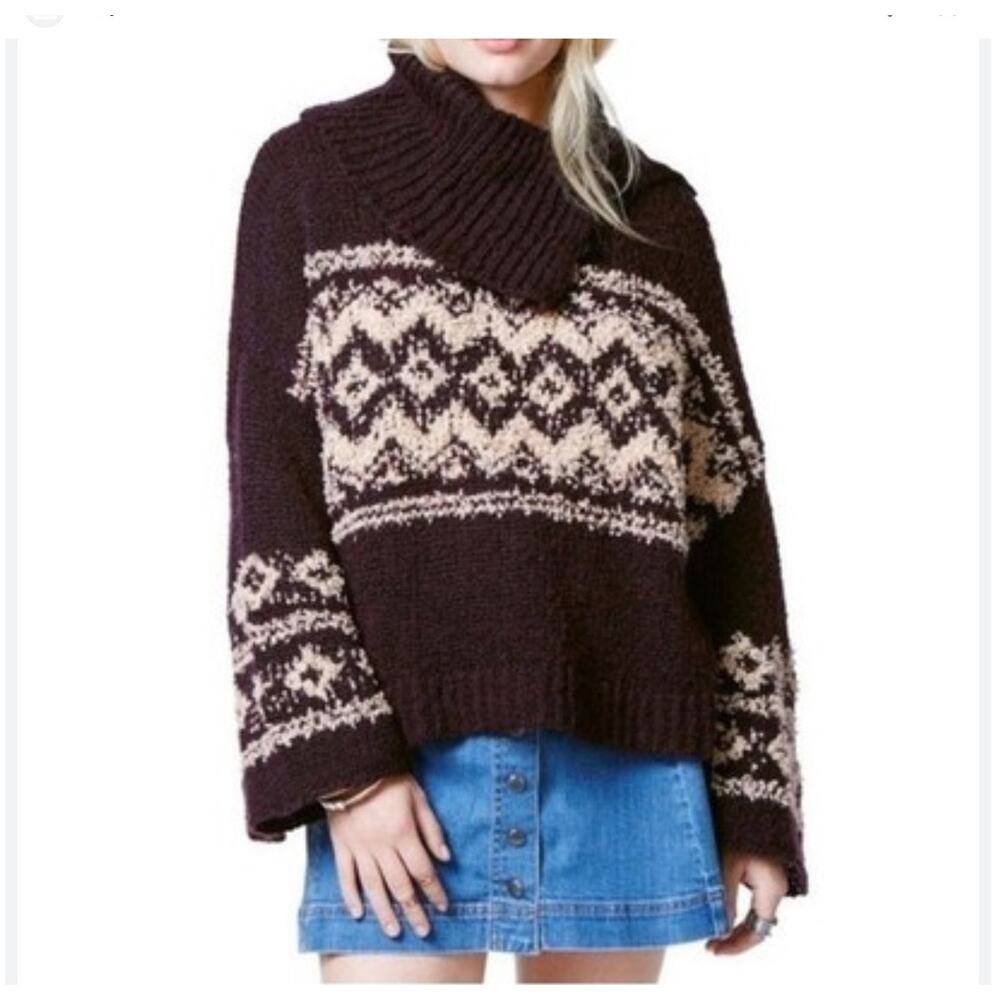 Free People Fair Isle Wool Blend Sweater Burgundy Chunky Knit Oversized‎ Boho S